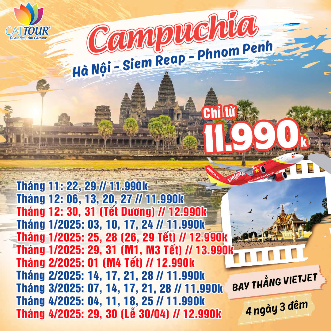 Lịch khởi hành và giá tour Campuchia dịp Tết Nguyên Đán của Cattour