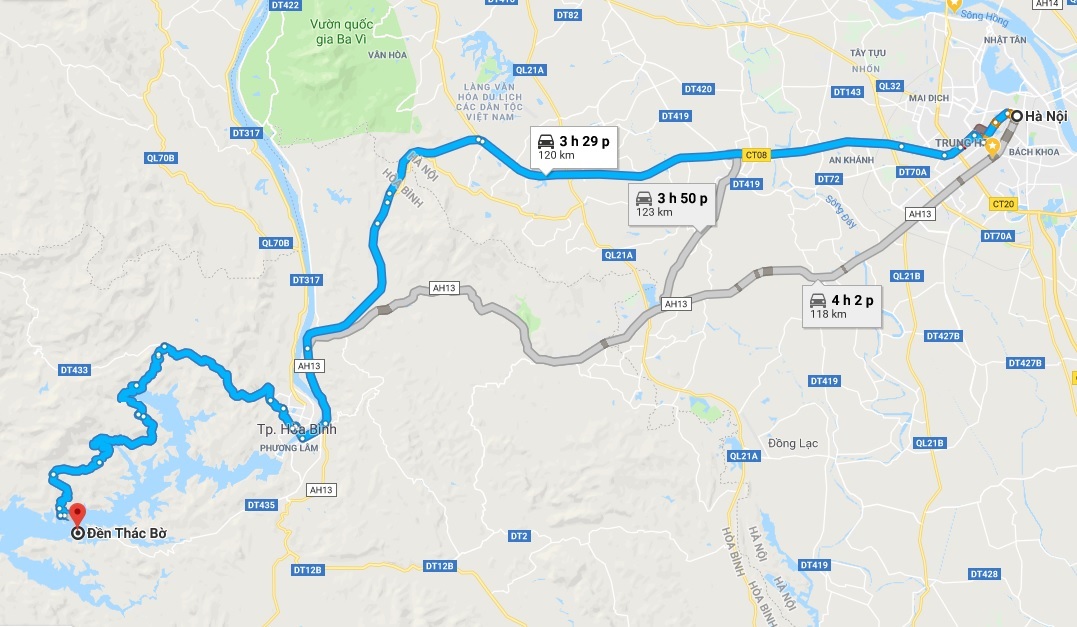 Đường đi từ Hà Nội đến đền Thác Bờ đo bằng Google Maps là khoảng 120km