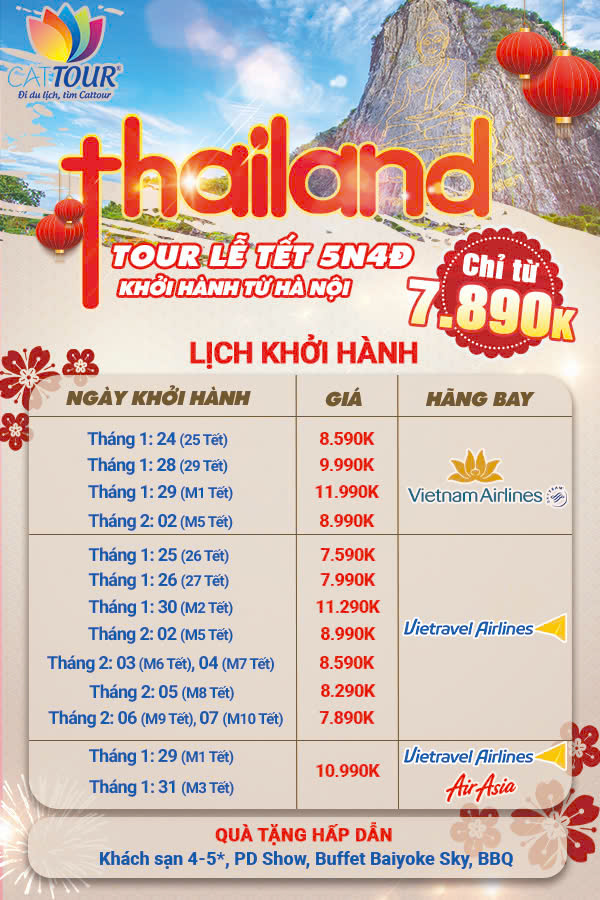 Giá tour du lịch Thái Lan dịp Tết Nguyên Đán dao động trong khoảng từ 7590k - 10990k