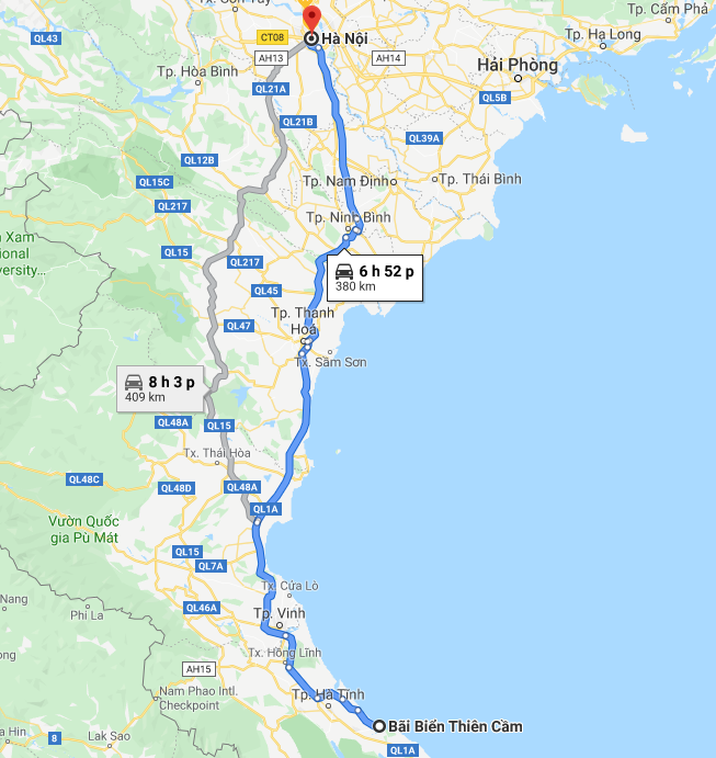 Biển Thiên Cầm cách Hà Nội khoảng 380km nếu đi theo đường quốc lộ 1A