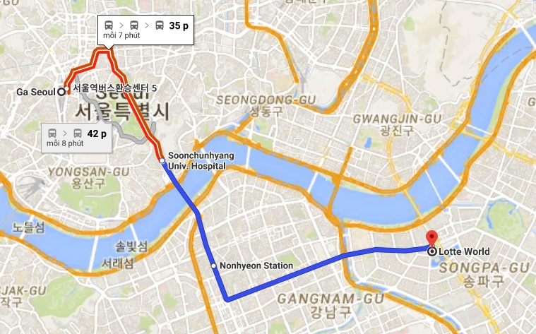 Khoảng cách từ bến xe trung tâm Seoul đến Lotte World