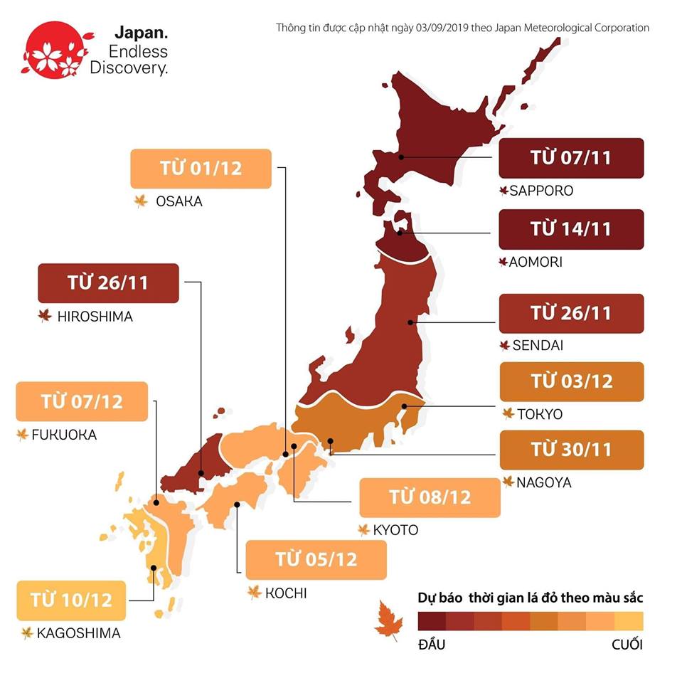 Lịch ngắm lá vàng lá đỏ Nhật Bản năm 2019